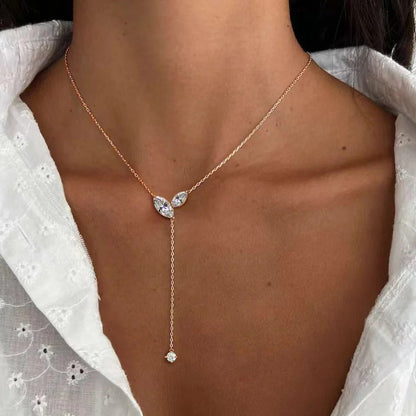 Sterling Silver Y Drop Necklace with Marquise Cut Moissanite Stones, D Color VVS1 Grade