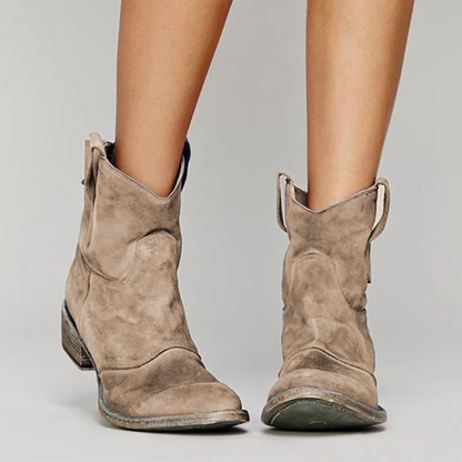Womens Cowboy Style Short Boots, Round Toe with Stacked Low Heel and Pull Loops