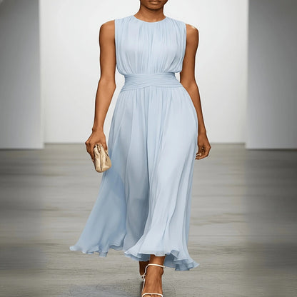 Women's Long Formal Gown with Gathered Bodice and Accordion Skirt for Weddings