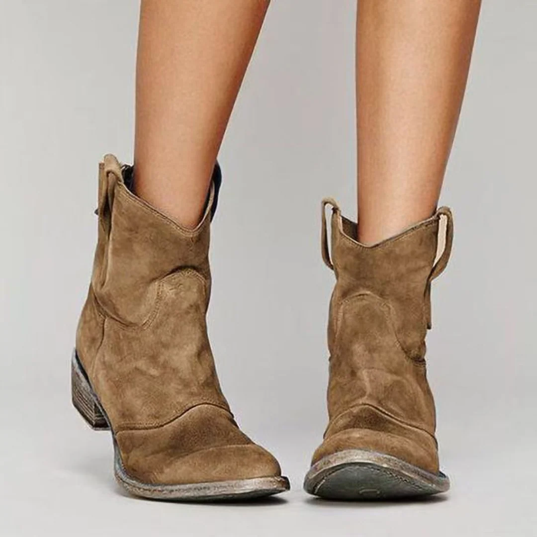 Womens Cowboy Style Short Boots, Round Toe with Stacked Low Heel and Pull Loops