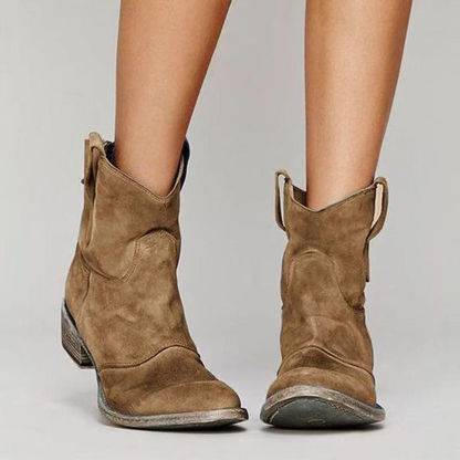 Womens Cowboy Style Short Boots, Round Toe with Stacked Low Heel and Pull Loops