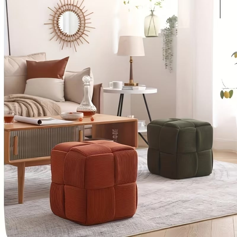 Square Faux Fur Woven Ottoman Footrest for Sofa and Shoe Bench Use