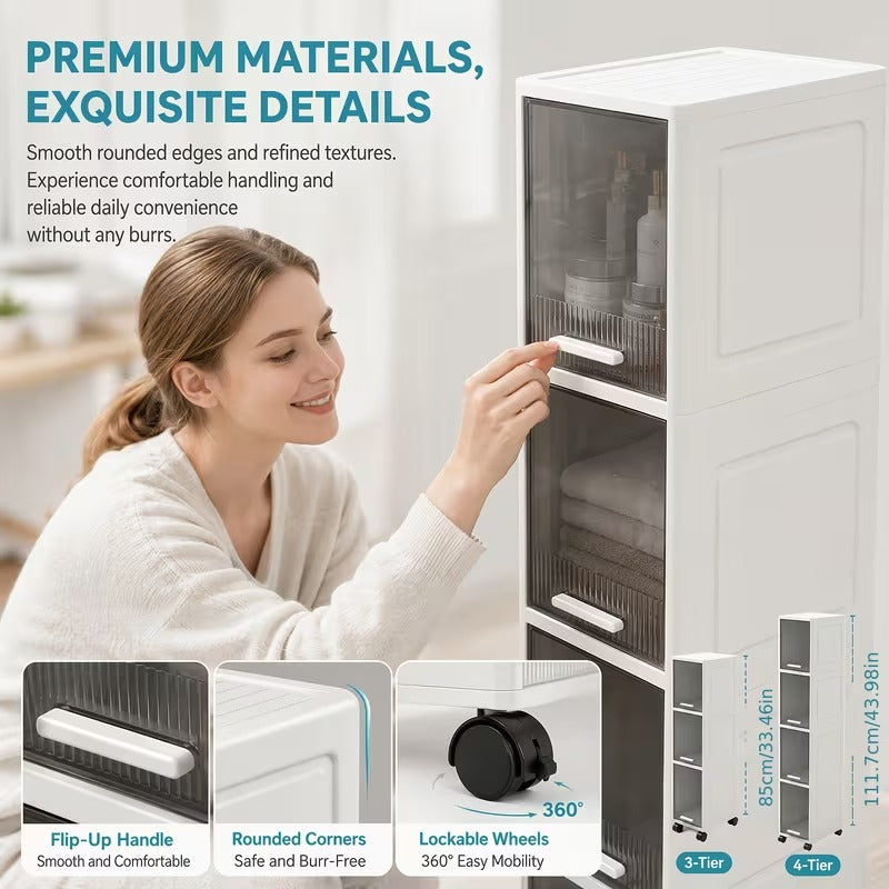 Rolling Narrow Storage Cabinet with Clear Doors for Bathroom and Closet