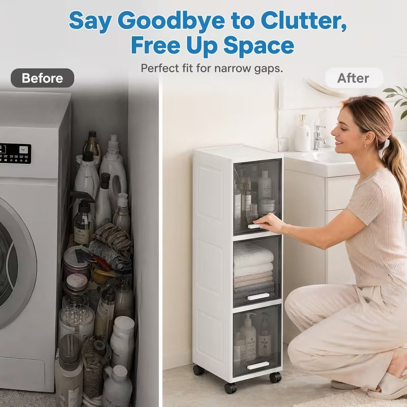 Rolling Narrow Storage Cabinet with Clear Doors for Bathroom and Closet