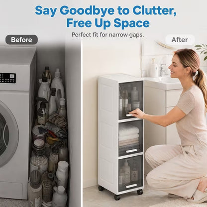 Rolling Narrow Storage Cabinet with Clear Doors for Bathroom and Closet