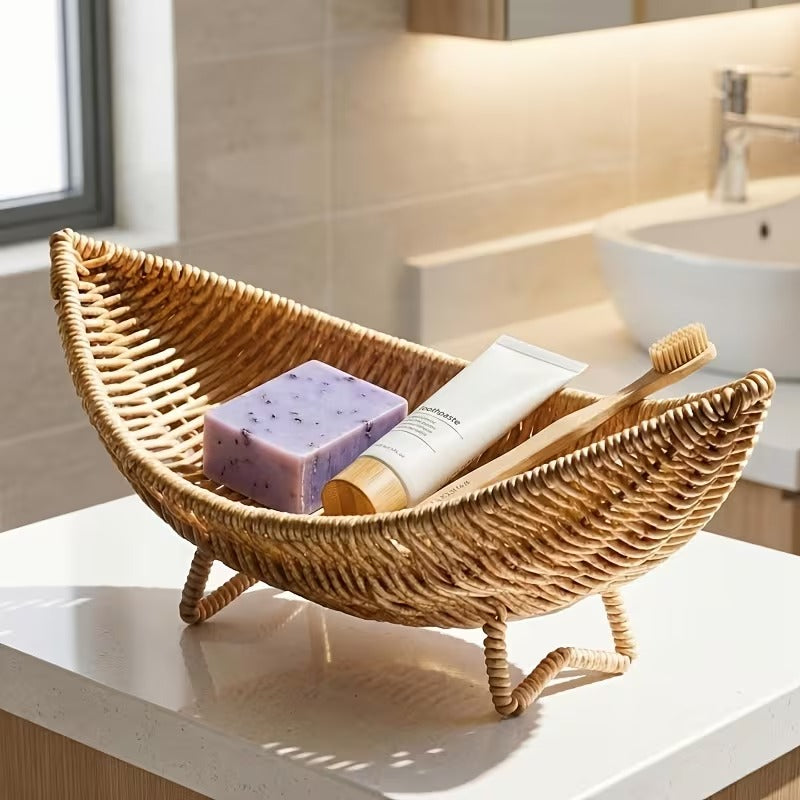 Crescent Shaped Rattan Storage Basket for Bathroom and Living Room