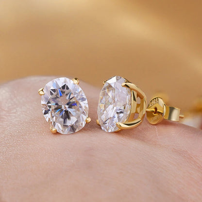 925 Silver Oval Moissanite Earrings, Push Back Studs with D Color VVS1 Stones