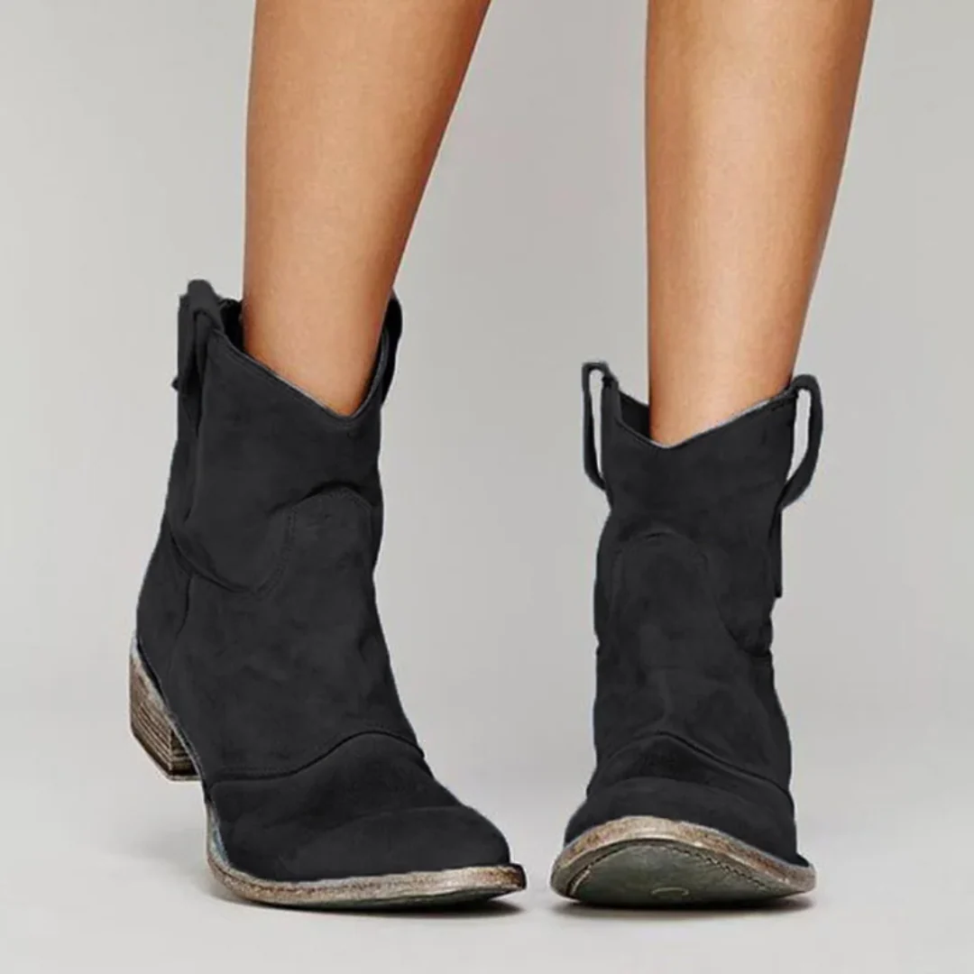 Womens Cowboy Style Short Boots, Round Toe with Stacked Low Heel and Pull Loops