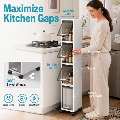 Rolling Narrow Storage Cabinet with Clear Doors for Bathroom and Closet