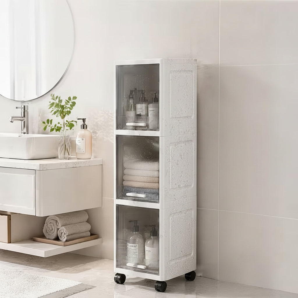 Rolling Narrow Storage Cabinet with Clear Doors for Bathroom and Closet