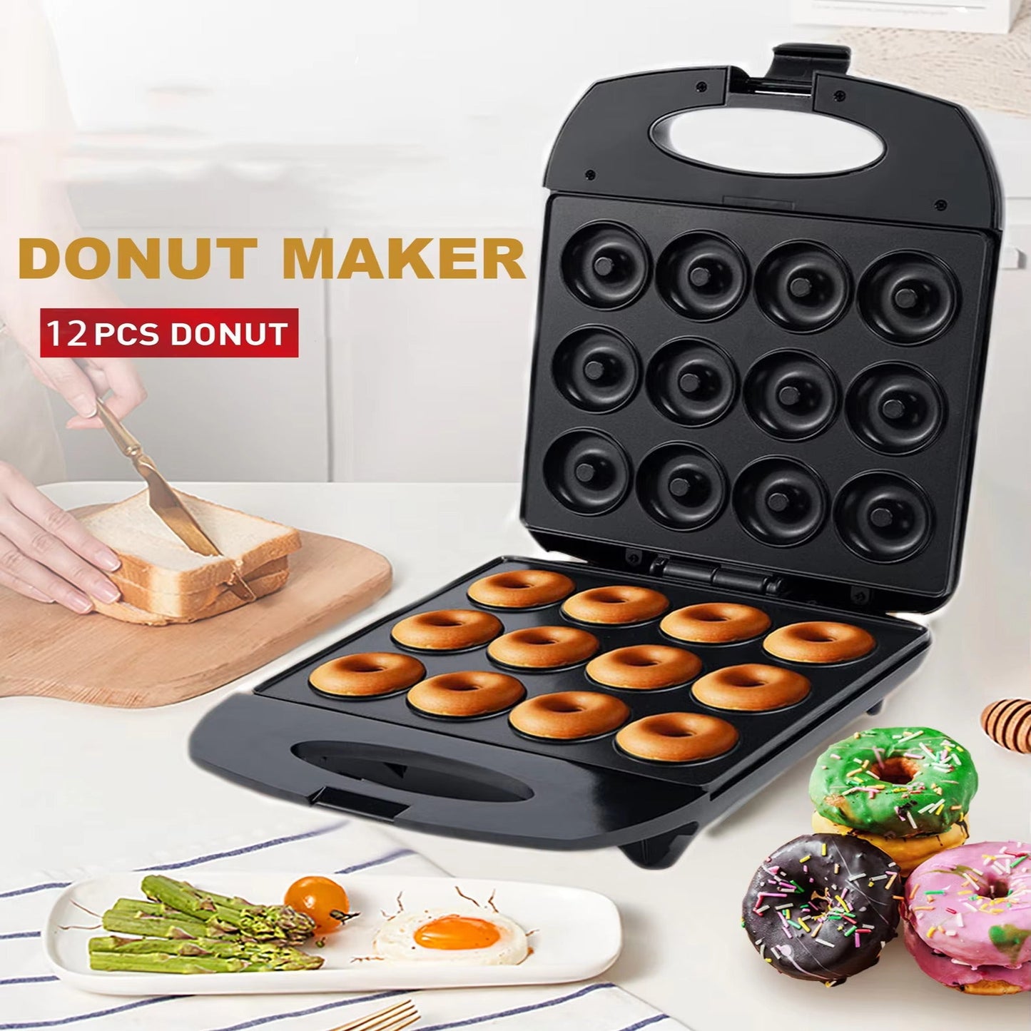 Electric Donut Maker with 12 Non Stick Cavities and Indicator Lights