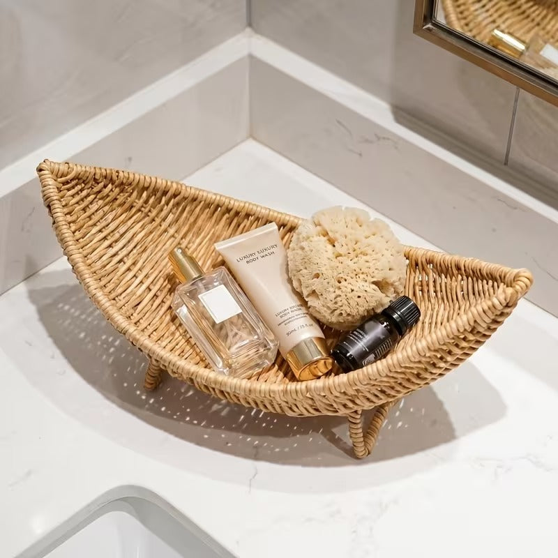 Crescent Shaped Rattan Storage Basket for Bathroom and Living Room