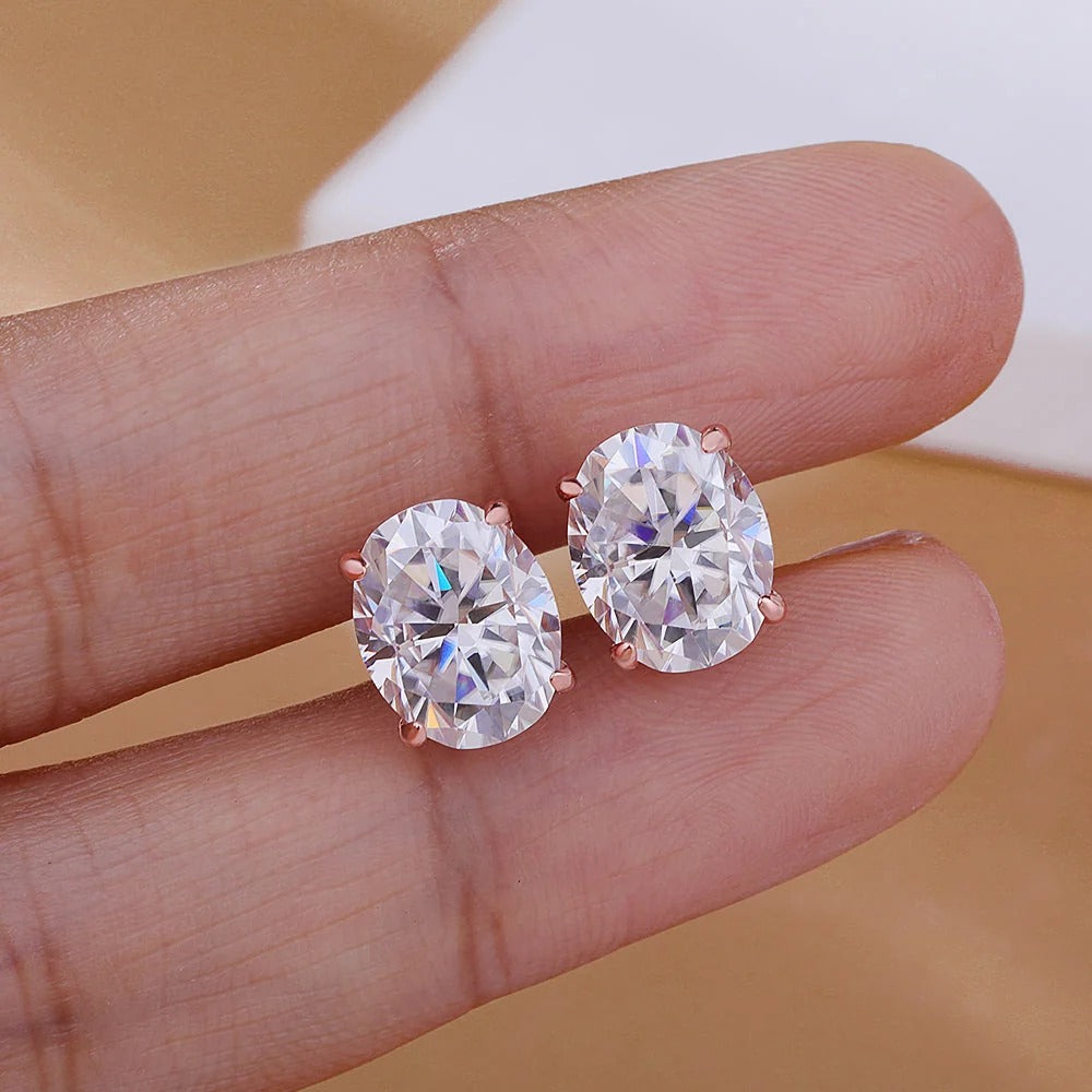 925 Silver Oval Moissanite Earrings, Push Back Studs with D Color VVS1 Stones