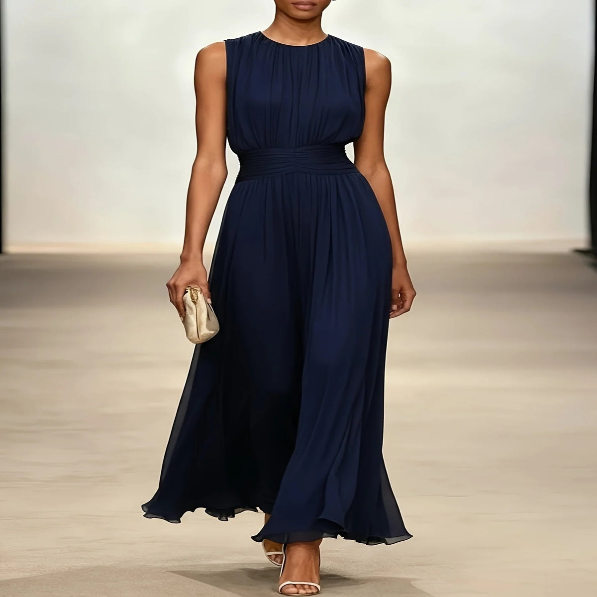 Women's Long Formal Gown with Gathered Bodice and Accordion Skirt for Weddings