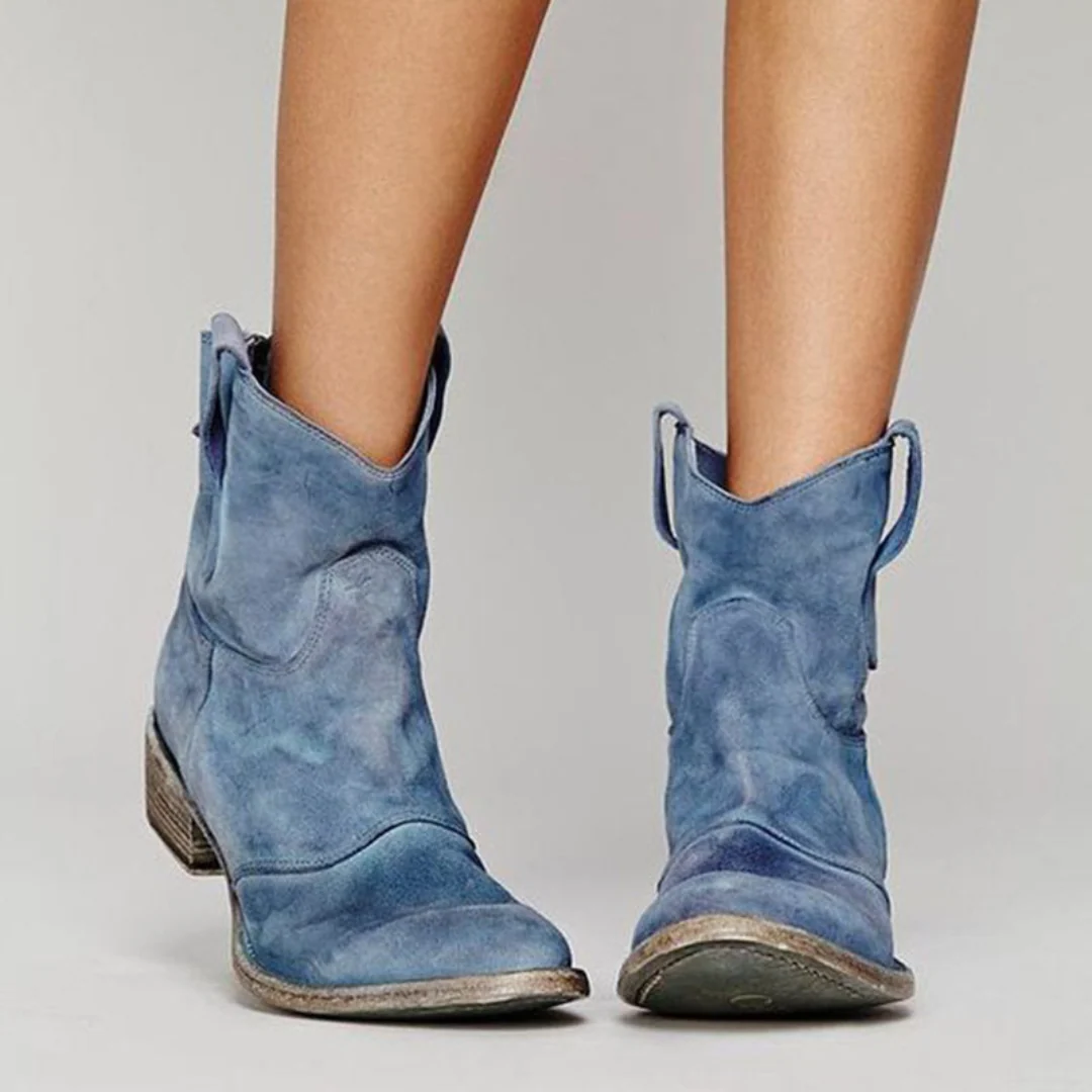 Womens Cowboy Style Short Boots, Round Toe with Stacked Low Heel and Pull Loops