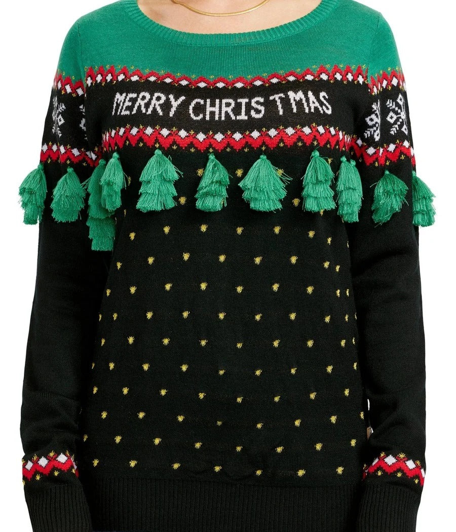 Womens Plus Size Christmas Sweater with Tassel Trimmed Tree in Green and Red