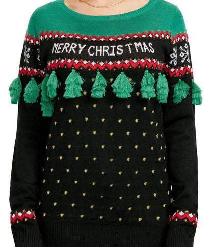 Womens Plus Size Christmas Sweater with Tassel Trimmed Tree in Green and Red