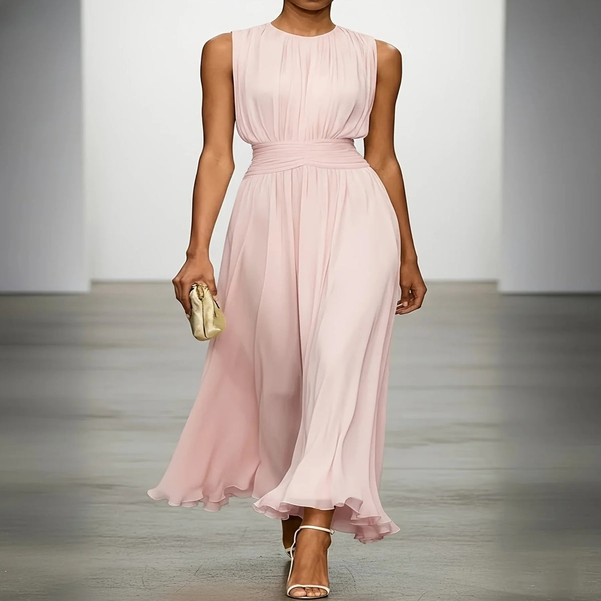 Women's Long Formal Gown with Gathered Bodice and Accordion Skirt for Weddings