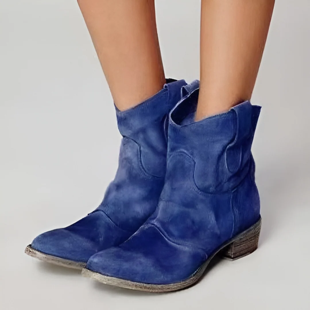 Womens Cowboy Style Short Boots, Round Toe with Stacked Low Heel and Pull Loops