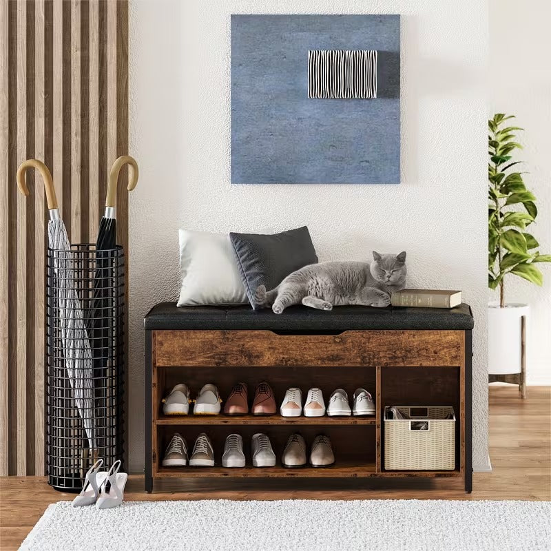 Metal and Wood Shoe Storage Bench with Cushioned Seat for Entryway