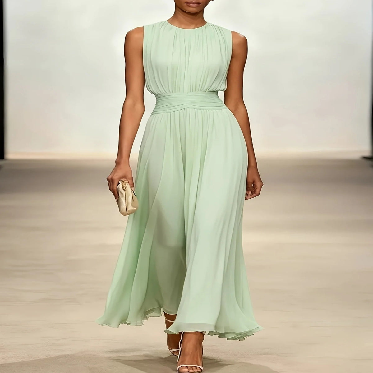 Women's Long Formal Gown with Gathered Bodice and Accordion Skirt for Weddings