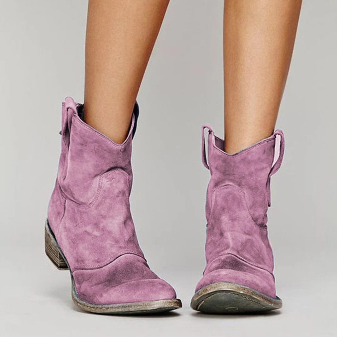 Womens Cowboy Style Short Boots, Round Toe with Stacked Low Heel and Pull Loops