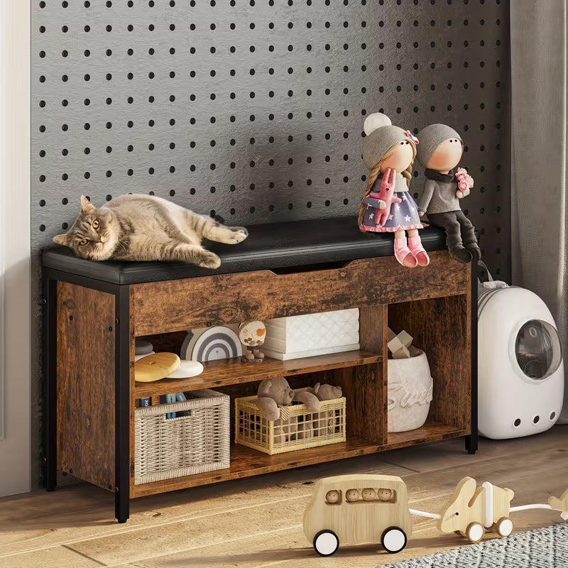 Metal and Wood Shoe Storage Bench with Cushioned Seat for Entryway