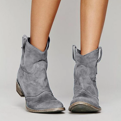 Womens Cowboy Style Short Boots, Round Toe with Stacked Low Heel and Pull Loops