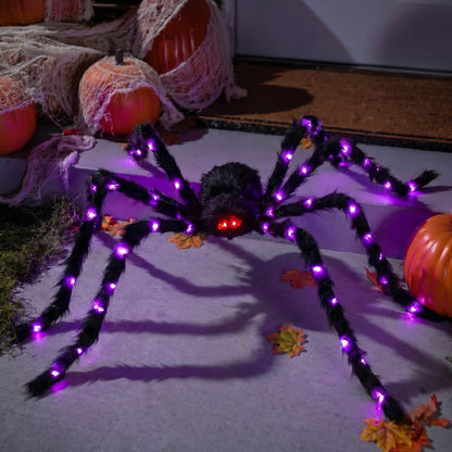 Oversized Five Foot Halloween Spider with Lit Legs and Bendable Fur Covered Body in Purple Or Orange