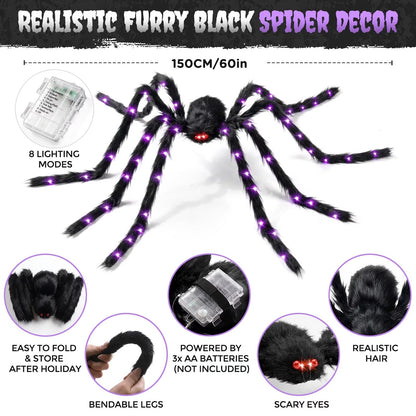 Oversized Five Foot Halloween Spider with Lit Legs and Bendable Fur Covered Body in Purple Or Orange