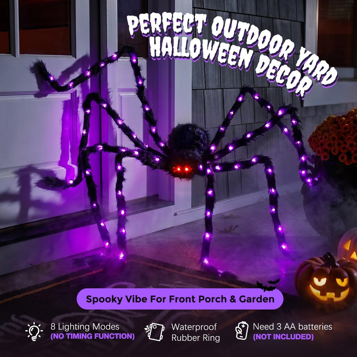 Oversized Five Foot Halloween Spider with Lit Legs and Bendable Fur Covered Body in Purple Or Orange