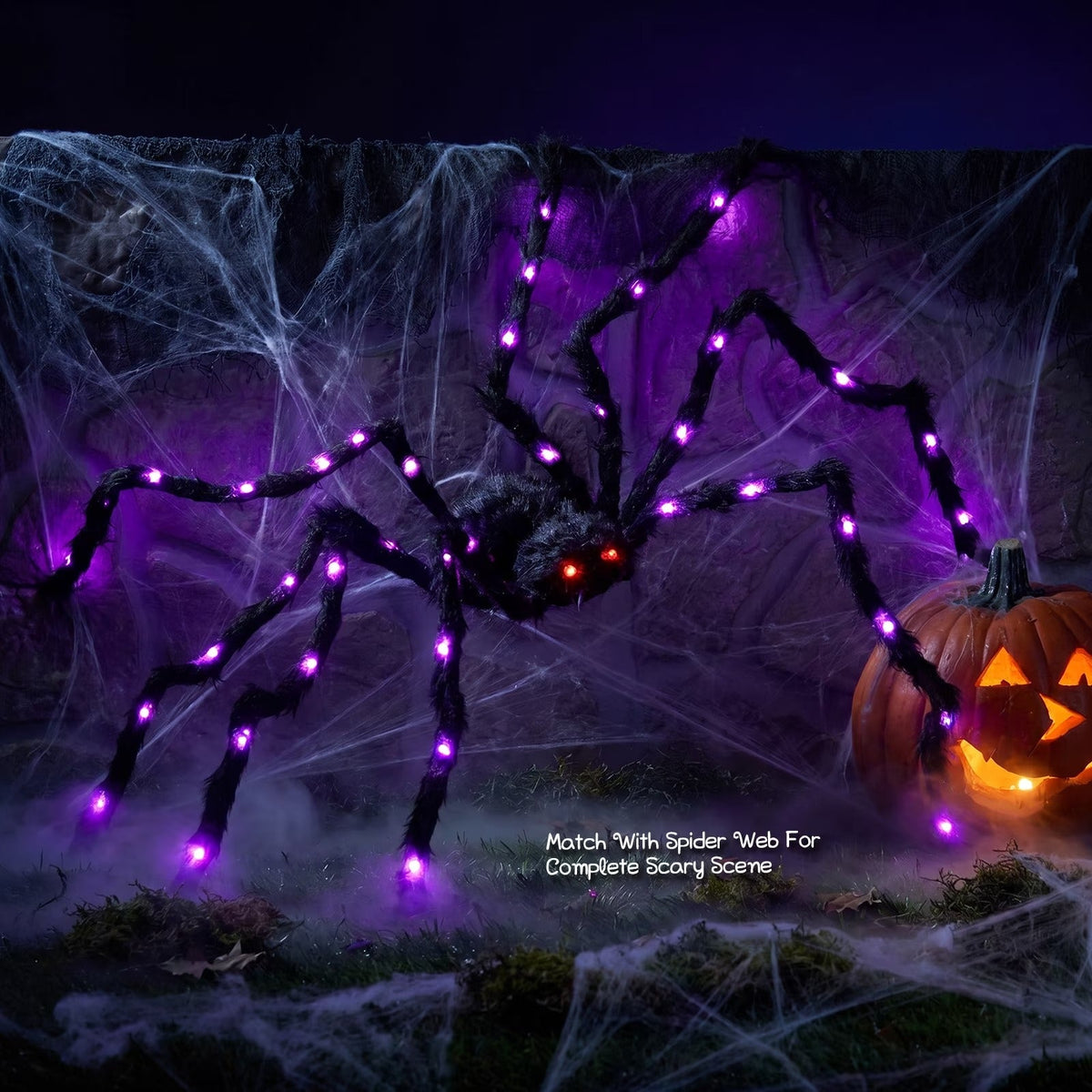 Oversized Five Foot Halloween Spider with Lit Legs and Bendable Fur Covered Body in Purple Or Orange