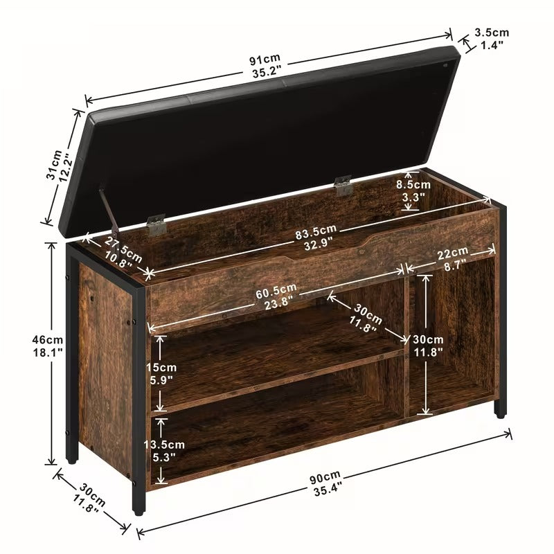Metal and Wood Shoe Storage Bench with Cushioned Seat for Entryway