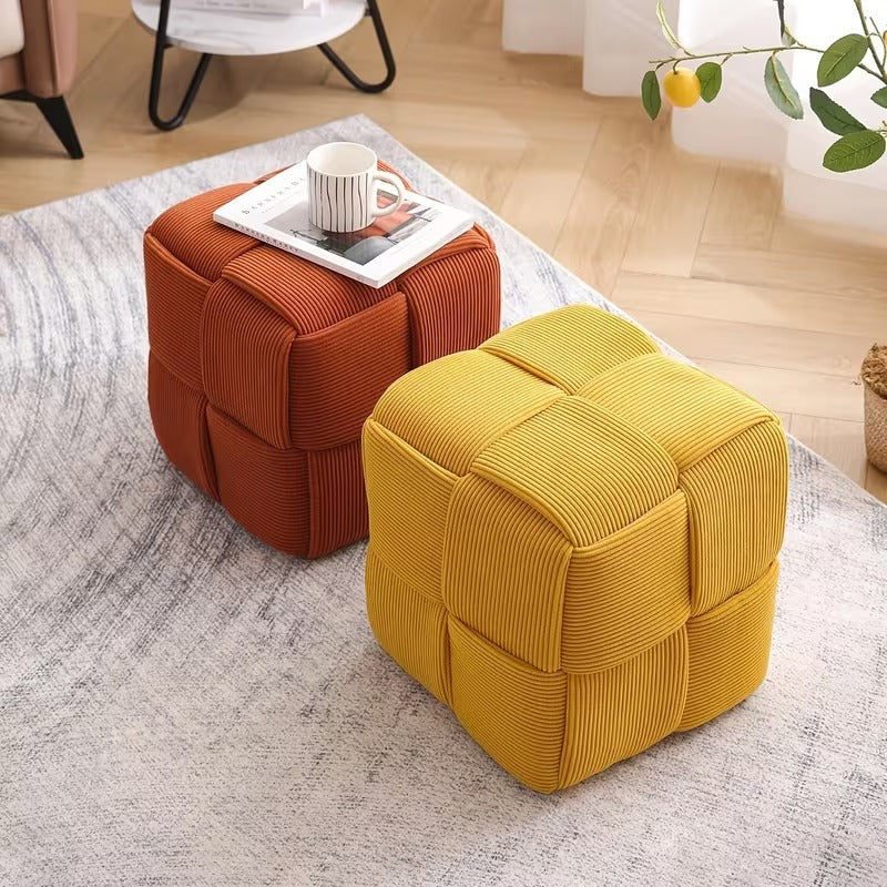 Square Faux Fur Woven Ottoman Footrest for Sofa and Shoe Bench Use