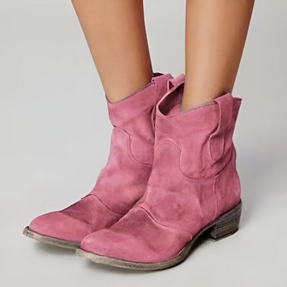 Womens Cowboy Style Short Boots, Round Toe with Stacked Low Heel and Pull Loops
