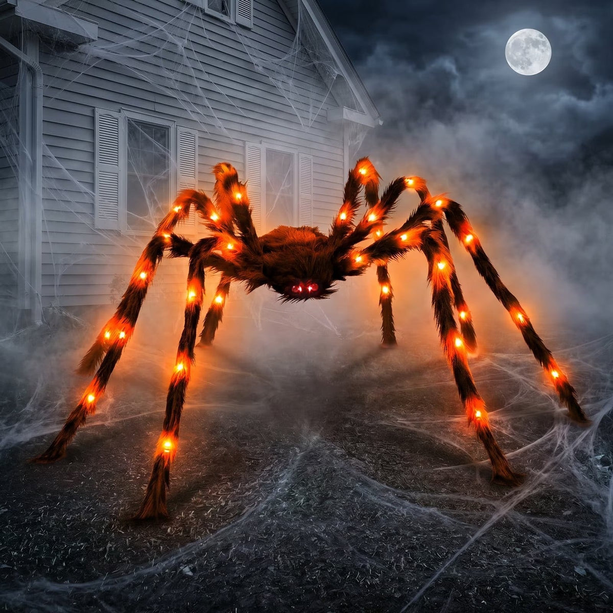 Oversized Five Foot Halloween Spider with Lit Legs and Bendable Fur Covered Body in Purple Or Orange