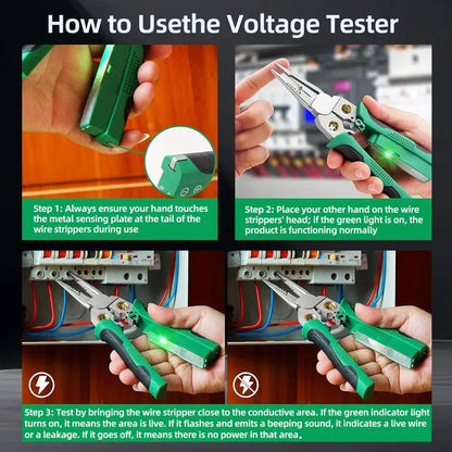 Multifunctional Wire Stripper with Voltage Tester and LED Alarm, Cable Cutter and Crimper
