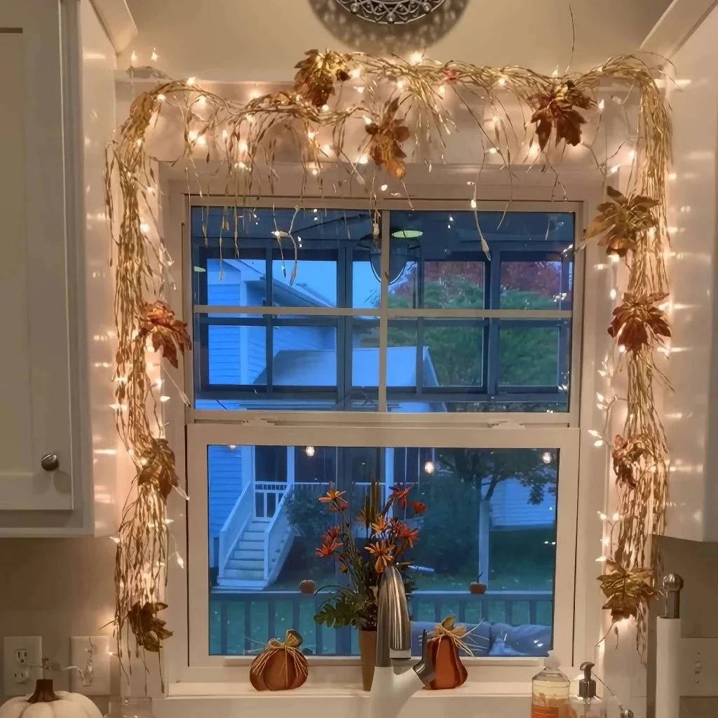Lighted Ornament Garland with Warm Glow and Reflective Ornaments, Flexible Wire Design
