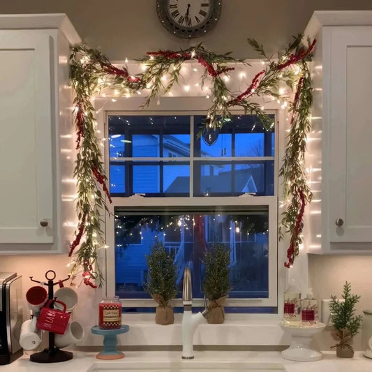 Lighted Ornament Garland with Warm Glow and Reflective Ornaments, Flexible Wire Design