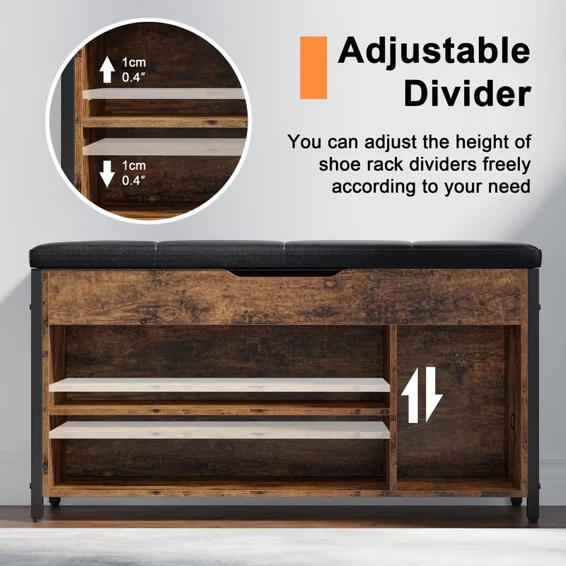 Metal and Wood Shoe Storage Bench with Cushioned Seat for Entryway