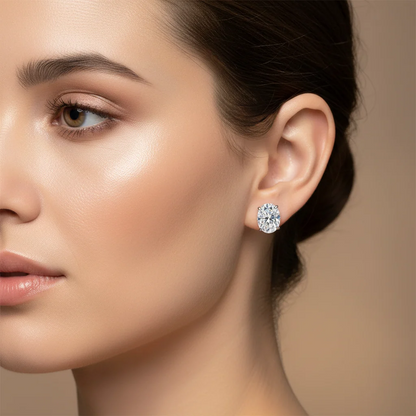 925 Silver Oval Moissanite Earrings, Push Back Studs with D Color VVS1 Stones