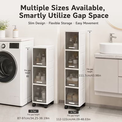 Rolling Narrow Storage Cabinet with Clear Doors for Bathroom and Closet