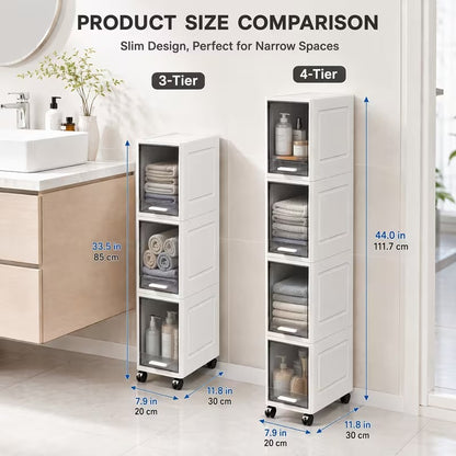 Rolling Narrow Storage Cabinet with Clear Doors for Bathroom and Closet