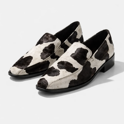 Womens Pointed Toe Loafers with Cow Print Slip On Design