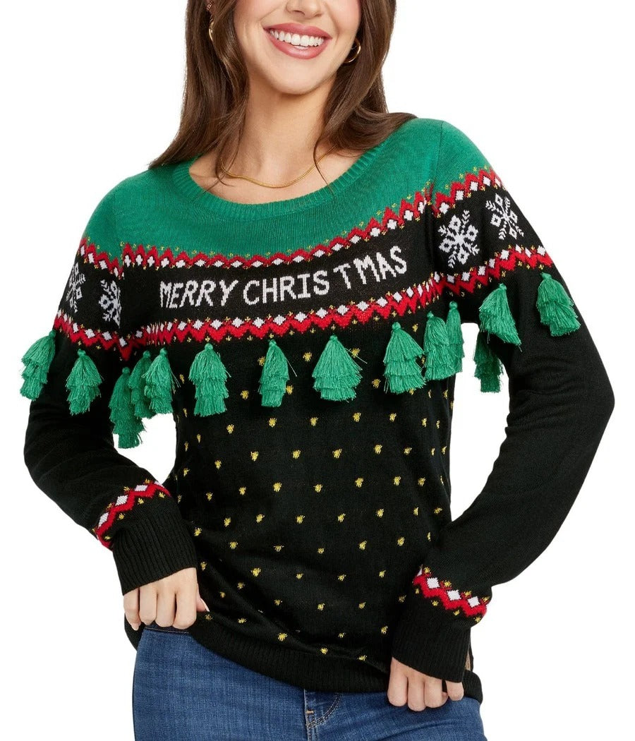 Womens Plus Size Christmas Sweater with Tassel Trimmed Tree in Green and Red