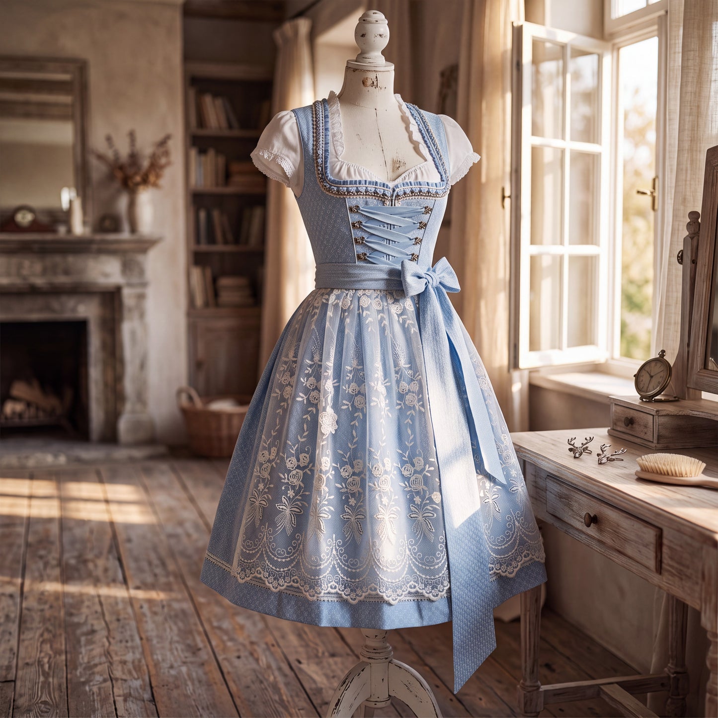 Women's Dirndl Dress with Adjustable Lace Closure and Embroidered Trim