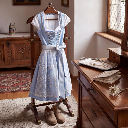 Women's Dirndl Dress with Adjustable Lace Closure and Embroidered Trim