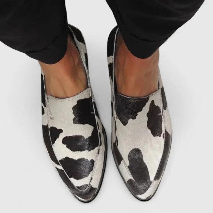 Womens Pointed Toe Loafers with Cow Print Slip On Design
