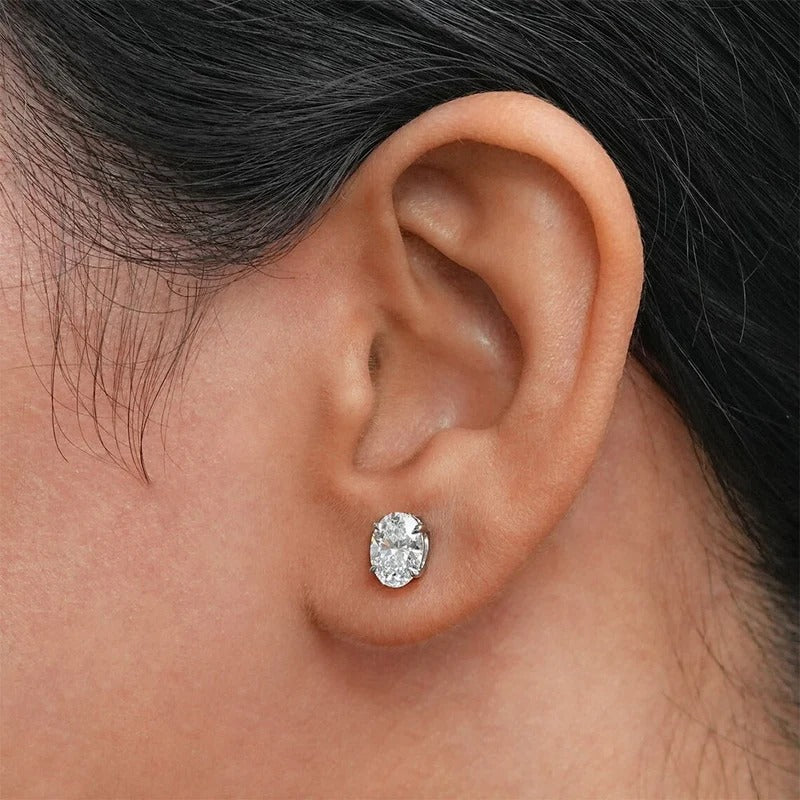 925 Silver Oval Moissanite Earrings, Push Back Studs with D Color VVS1 Stones