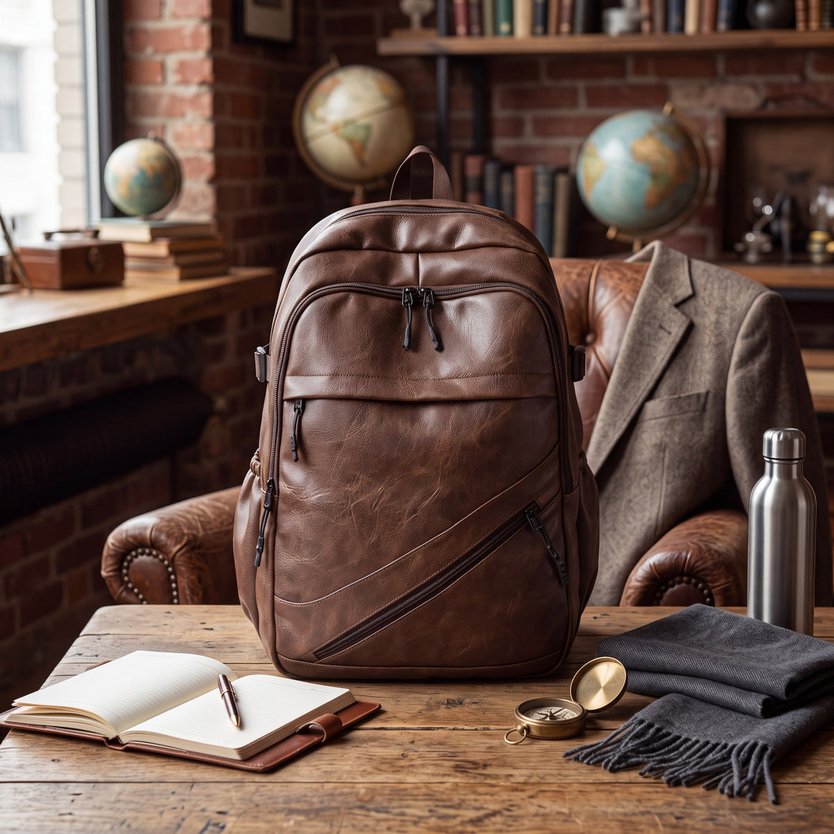 Vintage Genuine Leather Backpack with Padded Laptop Sleeve and Front Zip Pockets